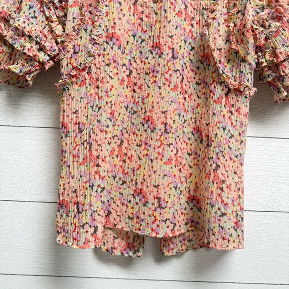 Rebecca Taylor | Silk & Cotton Pink Speckled Ruffle Ruched Blouse - Size 2 - Picture 12 of 14